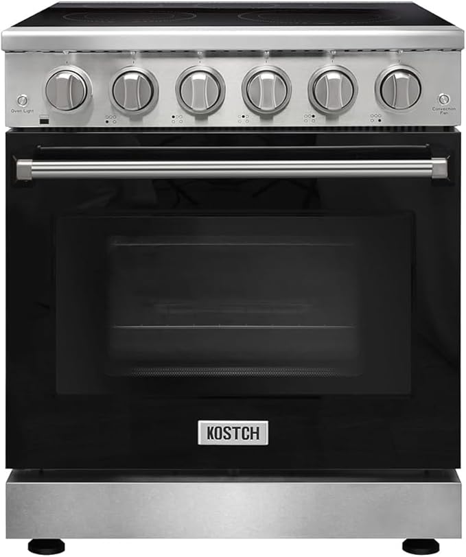 KOSTCH 30 inch Professional Electric Range with 5 Heating Elements Cooktop, 4.55 Cu. Ft. Convection Oven Capacity, Smooth Glass Top, in Stainless Steel, KOS-30RE06H (Black)