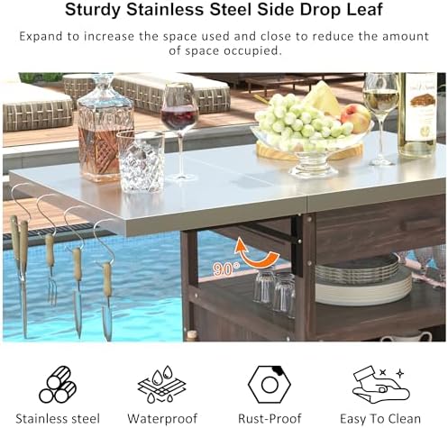 Outdoor Grill Cart with Stainless Steel Top, Solid Wood Prep Table