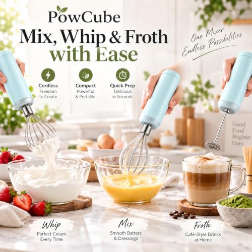 Cordless Hand Mixer, 4-in-1 Handheld Electric Mixer with Electric Whisk Frother & 10 oz Mini Food Chopper, USB-C Rechargeable 4-Speed Hand Mixer for Eggs, Cream, Coffee & Small-Batch Prep