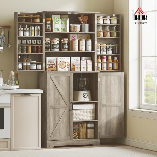 HOMCOM 72" Farmhouse Kitchen Pantry Cabinet, Tall, 4 Barn Doors, Gray Wash