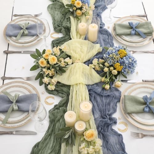 6 Pcs Dusty Blue Green Yellow Cheesecloth Table Runner