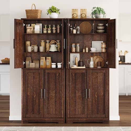 Takywep Modern Tall Freestanding Pantry Cabinet 70", Storage Cupboard with 4 Doors, Adjustable Shelves & Open Shelf, Multipurpose Home Organizer for Living Room, Kitchen, Dining Room, Brownish Red