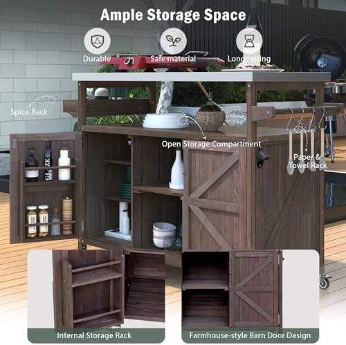 43.3“ Outdoor Grill Cart with Storage, Rolling Bar Cart, Dark Brown