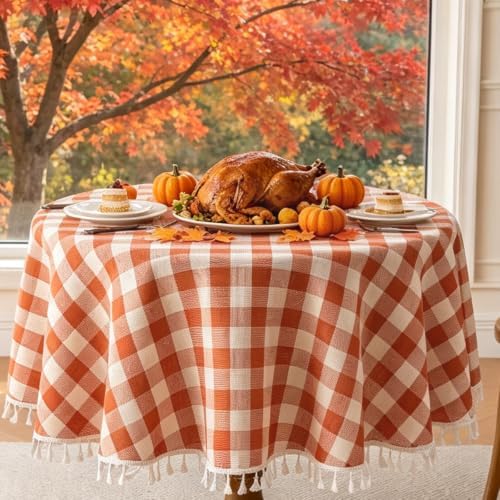Alsoo Round Fall Gingham Tablecloth 60 inch, Orange Cotton Linen Style