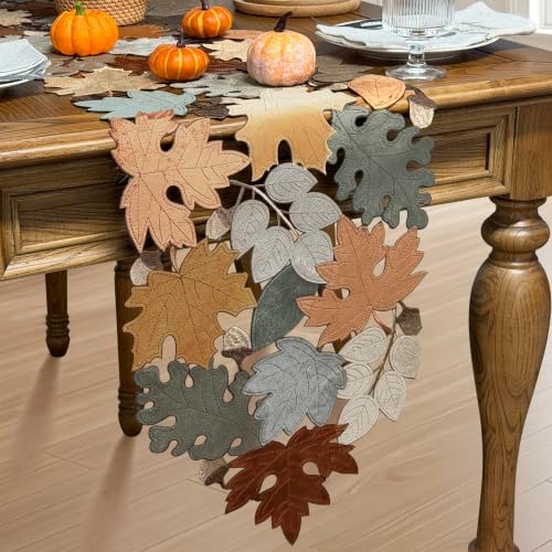 KEVA Fall Table Runner 72inches Long, Autumn Maple Leaves Velvet Table Runner 14x72 inch for Thanksgiving Kitchen Table Decoration, Harvest Embroidered Table Decoration
