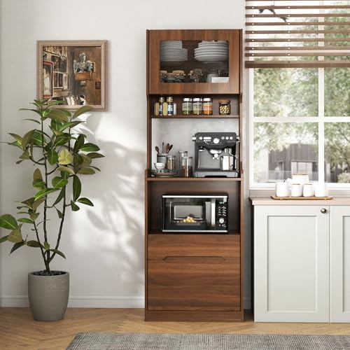 KEIKI 70.87" Tall Kitchen Pantry Storage Cabinet with Countertop, Glass Doors, Drawers, Microwave Stand and Shelves, Freestanding Wood Hutch Food Pantries Buffet Cupboard for Coffee Bar, Dining Room