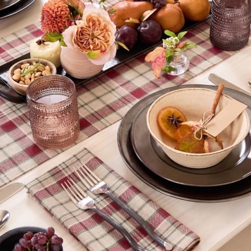 Solino Home 100% Pure Linen Table Runner Plaid, Almond Plaid 14 x 144 in