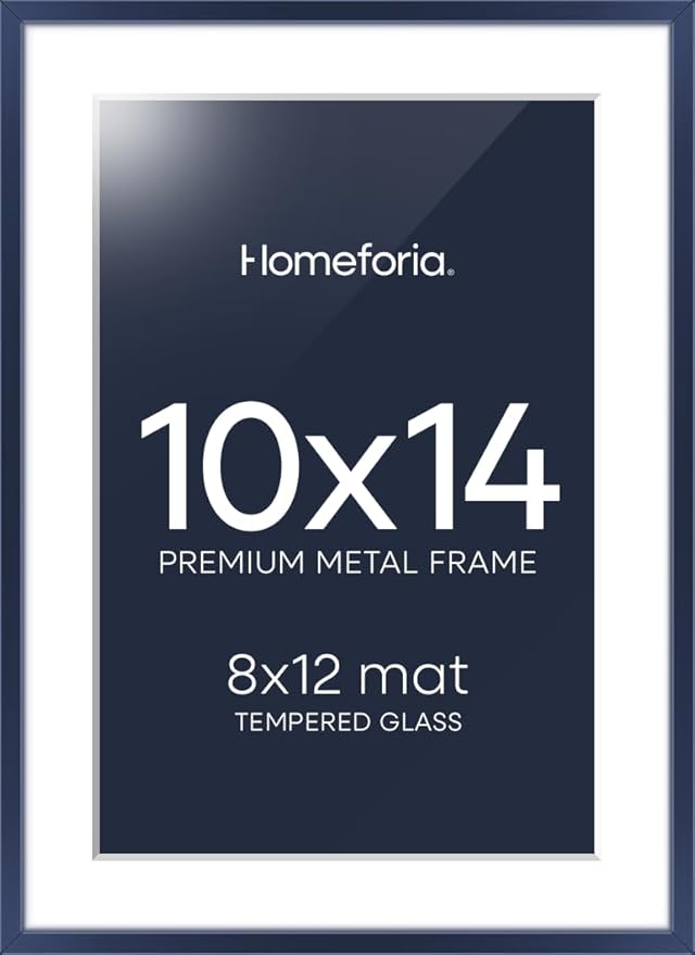 Homeforia 10x14 Picture Frame Navy Blue, High End Metal 10x14 Wall Hanging Frame with Mat 8x12, 10 x 14 Poster Frame Matted to 8 x 12 inch Photo, 10by14 Thin Frames, Tempered Glass, Wall Kit, Set of 1