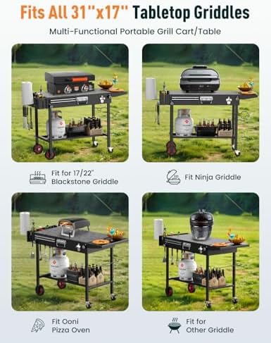 Portable Grill Cart Table with Wheels, for 17-22 Inch Blackstone Griddle Stand, Foldable BBQ Prep Station with Seasoning Tray