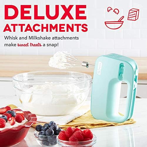 Dash SmartStore Hand Mixer - Electric Handheld Mixer For Everyday Baking - 3-Speed Power and One-Touch Beater Ejector Button - Aqua, Includes Whisk and Milkshake Attachments