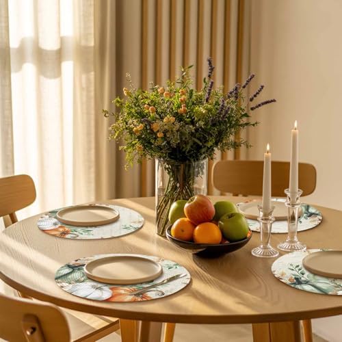 Fall Round Placemats Set of 2 Thanksgiving Sage Green Pumpkin Place Mats Washable Woven Placemat Floral Autumn Eucalyptus Leaves Circle Braided Table Mat for Kitchen Holiday Party Fall Decor 15 Inch