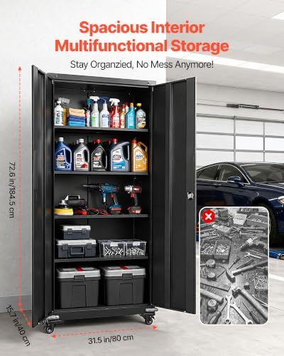 VEVOR Metal Storage Cabinet 72.6 in Rolling Steel Garage Cabinet Black