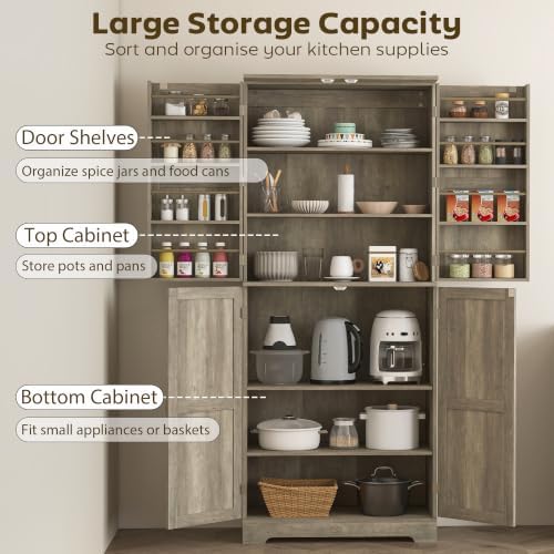 HOMCOM 72" Farmhouse Kitchen Pantry Cabinet, Tall, 4 Barn Doors, Gray Wash