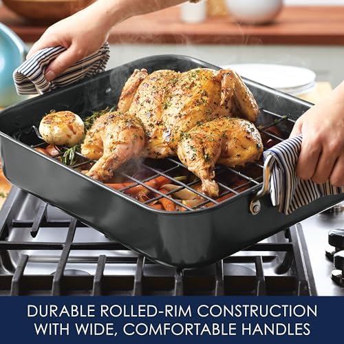 Rachael Ray Brights Hard Anodized Nonstick Roaster / Roasting Pan with Rack - 16 Inch x 12 Inch, Gray