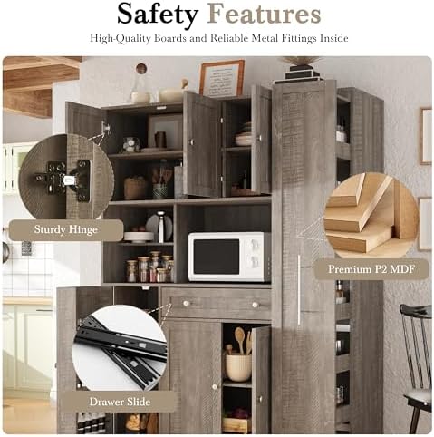 Merax 70'' Tall Traditional Freestanding Buffet with Hutch, Large Kitchen Pantry Storage Cabinet Cupboard with Pull-Out Side Cabinet, Door Shelves and Drawer, Brown