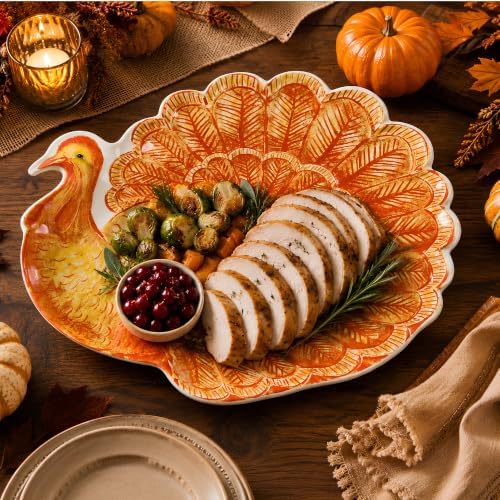 UP Glitter Turkey Shaped Melamine Serving Platter, Thanksgiving Party Tray, Festive Fall Design, for Snacks, Appetizers, and Desserts, Orange, 19 x 15 Inch