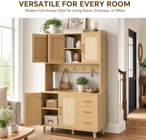 Tall Rattan Kitchen Pantry Storage Cabinet,Freestanding Coffee Bar Hutch