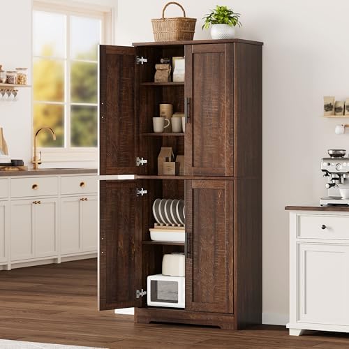70" Kitchen Pantry Storage Cabinet, Freestanding Buffet Cabinet with Microwave Stand & 4 Door Shelves, Kitchen Hutch with Doors, Adjustable Shelves and Wine Rack, Brown.