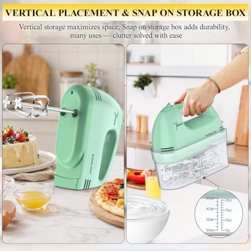 BAIGELONG Hand Mixer. 7-Speed Adjustable Kitchen Electric Mixer. With 5 Stainless Steel Attachments: 2 Hooks, 2 Beaters, 1 Whisk. Comes 1 Storage Box. Perfect for Bakers and New Starters, Green