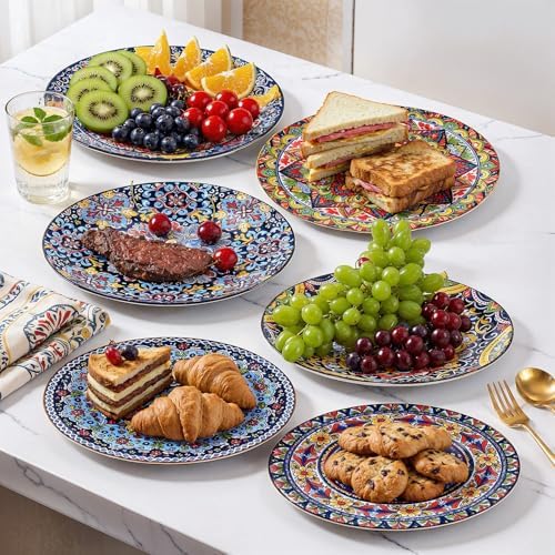 8.5 Inch Ceramic Dinner Plates Set of 6, Bohemian Appetizer Dessert Plates, Microwave Oven Dishwasher Safe, Hand Painted Artisan Design, Gift for Housewarming Thanksgiving