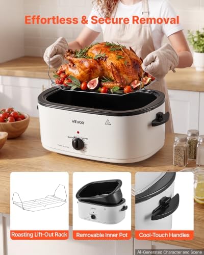 VEVOR Electric Roaster Oven, 22 Qt, Turkey Roasting Pan, White, Viewing Lid