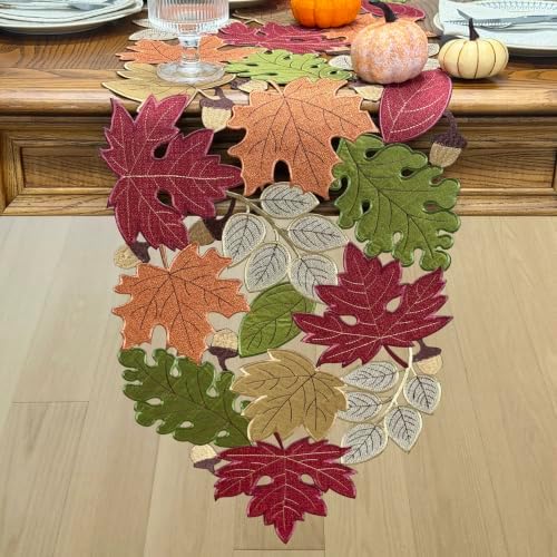 Fall Table Runner 120inches Long, Thanksgiving Harvest Cutwork Embroidered Table Runner 13in x 120in, Autumn Maple Leaves Table Decoration for Home Dining Kitchen Table