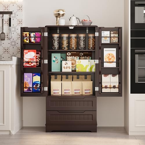 Gizoon 47'' Kitchen Pantry Cabinet with Drawers for Dining Room, Dark Brown