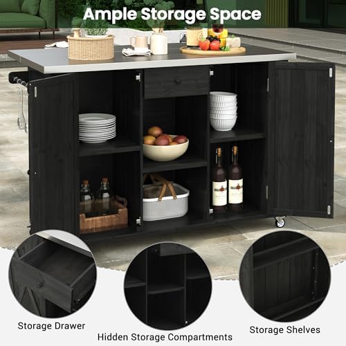 52.25" W Outdoor Kitchen Island Patio Grill Cart with Stainless Steel Tabletop, Storage Cabinet for BBQ, Bar
