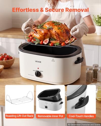 VEVOR Electric Roaster Oven, 26 Qt, Turkey Roasting Pan, White, Viewing Lid