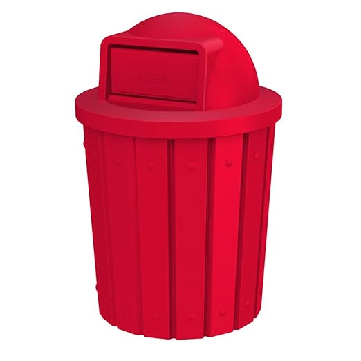 Campus Collection 42 Gallon Slatted Round Heavy Duty Plastic Commercial Outdoor Trash Can with Push Open Dome Lid and Internal Liner | Great for Schools and Businesses - Red