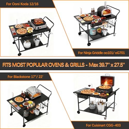 Pizza Oven Table with Topping Station, Outdoor Pizza Oven Cart, Grill Cart Table for Blackstone Griddle, Pizza Prep Station with Storage & Seasoning Tray, for Ninja, Cuisinart, Gozney
