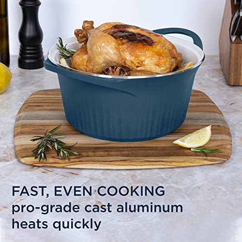 CorningWare QuickHeat 5.5-QT Cast Aluminum Dutch Oven With Lid & Non-Stick Ceramic Interior, Lightweight and Fast Even Heat Baking & Cooking, For Meats, Soup, Browning, Searing, French Navy