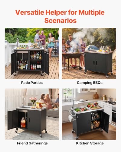 VEVOR Outdoor Grill Cart with Sink and Storage Cabinet, 38 Inch Grill Table, Waterproof Kitchen Island with Stainless Steel Top, Spice Rack, Wheel, Movable Food Prep Station for Patio Bar Backyard BBQ