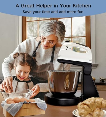 Stand Mixers, 7 Speeds With 3QT Stainless Steel Bowl, Stand and Hand Mixer with Dough Hook, Whisk, Mixing Beater for Baking, Cake, Cookie, Kneading (White)