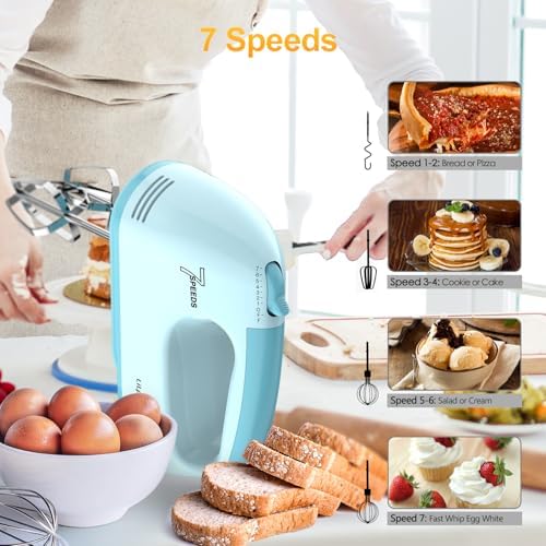 LILPARTNER Electric Hand Mixer with Storage Box, Ultra Power Kitchen Hand Mixer With 7-Speed & 5 Stainless Steel Accessories for Whipping Dough, Cream, Cake, Dishwasher Safe, LIGHT BLUE BOX