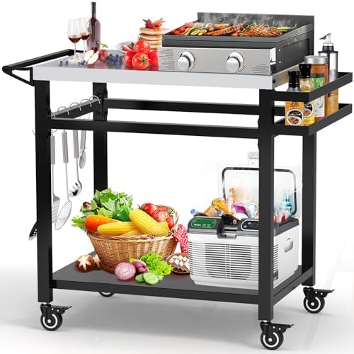 32" Double-Shelf Grill Table, Movable Grill Cart for Ninja