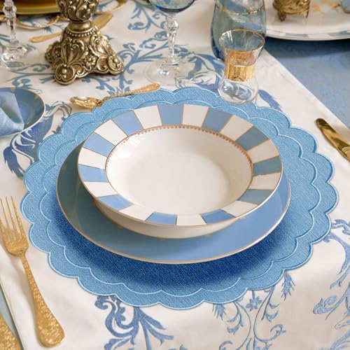 Set of 6 Blue Cotton Linen Placemats, 15x15 Scalloped Flower Embroidery Cloth Table Mats Double Layered Fabric Machine Washable Wrinkle Free Dining Placemat for Hotel Restaurant Kitchen Decor