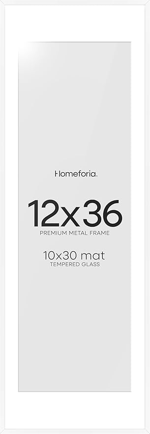 Homeforia 12x36 Picture Frame White, High End Metal 12x36 Poster Frames with Mat 10x30 inch Photo, 12 x 36 White Frames Matted to 10 by 30 Art, 36x12 Panoramic Frames, Tempered Glass, Wall Kit, Set of 1
