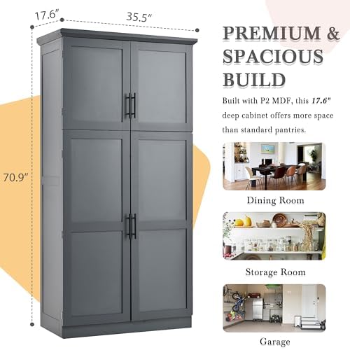 Merax 35.5x17.6x70.9 inches Freestanding Kitchen Pantry Cabinet, Tall Storage Cabinet with 4 Doors, 2 Door Shelves, 8 Pull-Out Trays and Adjustable Shelf for Dining Room, Gray
