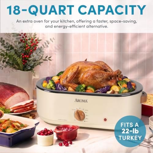 AROMA® 18Qt. Roaster Oven with Buffet Server, Fits 22-lb. Turkey, Adjustable Temperature Settings, Keep Warm Setting, Oatmeal (ART-858OT)