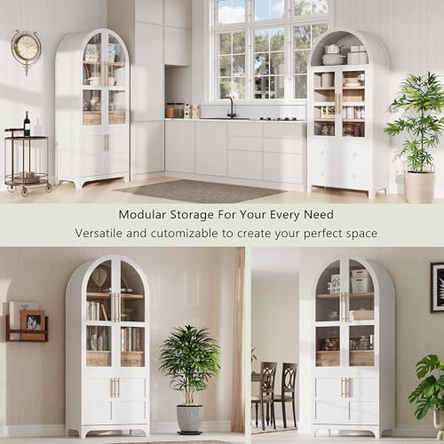 Merax 71" Farmhouse Arched Pantry Cabinet with Glass Doors & Hidden Drawer, Adjustable Shelves Storage Cupboard for Kitchen/Dining Room, White