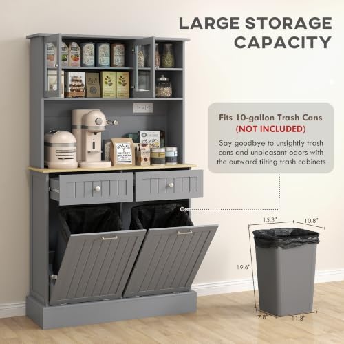 HOMCOM Kitchen Pantry with Tilt-Out Trash Can Cabinet, Power Outlet, Gray