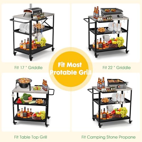 Outdoor Grill Cart Table, Pizza Oven Stand with Casters, Silver