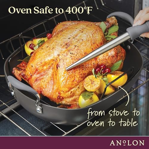 Anolon Advanced Hard Anodized Nonstick 2 Piece Roaster/Roasting Pan with Wire Rack, Oval, 16 Inch x 13 Inch, Dark Gray