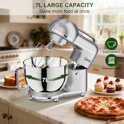 Camic 7.45 QT Tilt-Head Stand Mixer, Electric Mixer for Baking (Silver)