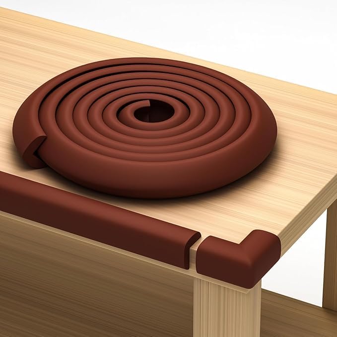 Furniture Edge 16.2ft & Corner Guards | Protective Foam Cushion | 15ft Bumper 4 Adhesive Childsafe Corners | Baby Child Proofing Foam Set and Safe for Table, Fireplace, Countertop | Brown