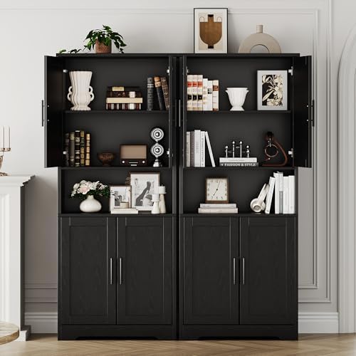 Takywep Modern Tall Freestanding Pantry Cabinet 70", Storage Cupboard with 4 Doors, Adjustable Shelves & Open Shelf, Multipurpose Home Organizer for Living Room, Kitchen, Dining Room, Black
