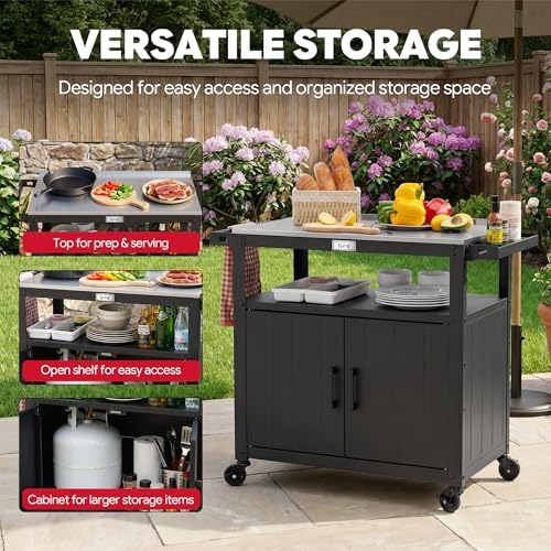 Feasto Outdoor Grill Cart w/Storage Cabinet, Stainless Steel Top, Black