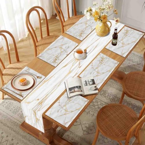 Mcalk Luxury Gold Marble Table Runner and Placemats Set of 6 Pieces, Gold Marble Placemats, Modern Cloth Place Mats Indoor for Kitchen,Washable Linen Material for Dining Table
