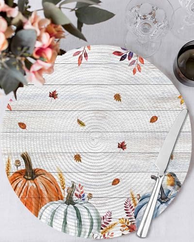 Round Placemats Set of 8 Harvest Pumpkin Fall Place Mats Autumn Maple Leaves Bird Circle Braided Placemat Heat Resistant Table Mat for Thanksgiving Autumn Harvest Holiday Decorations, 15 Inch